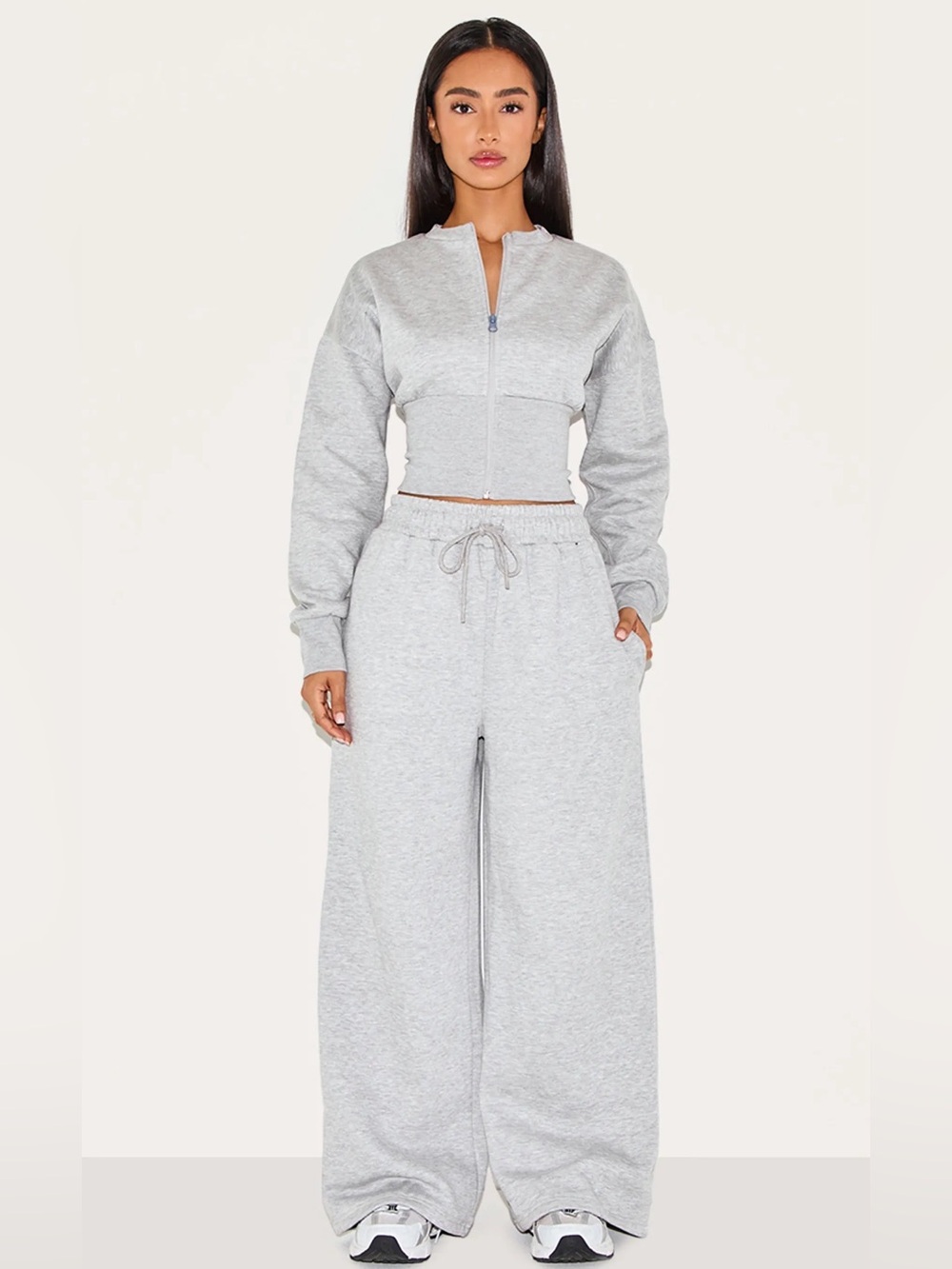 NWT PrettyLittleThing Petite Grey Marl Drawstring Wide Leg Joggers Size M